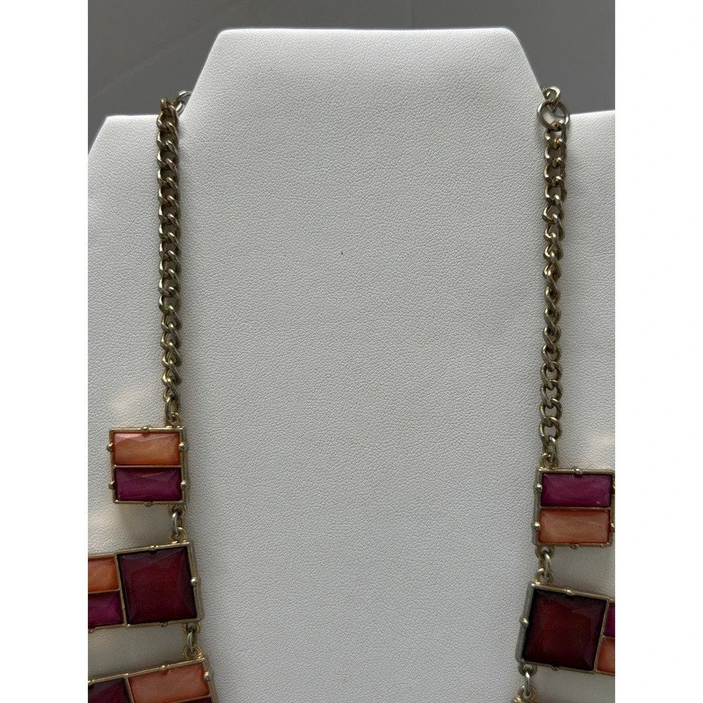 Geometric Resin Bib Statement Necklace Gold Tone Burgundy Magenta Peach Pink